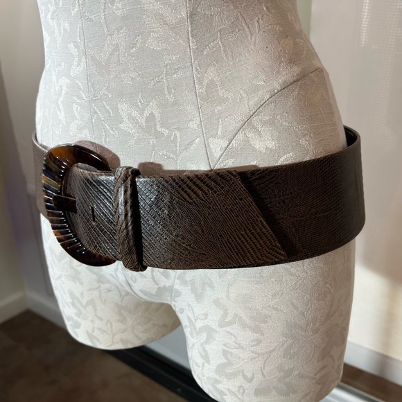 Vintage XL Suzi Roher Brown Embossed Leather Belt with  Faux Tortoise Buckle main image 5